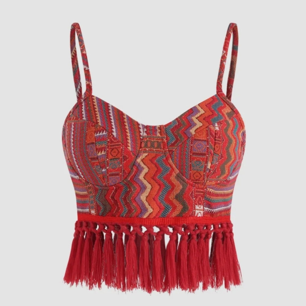 Cider Boho Red Fringe Crop Top